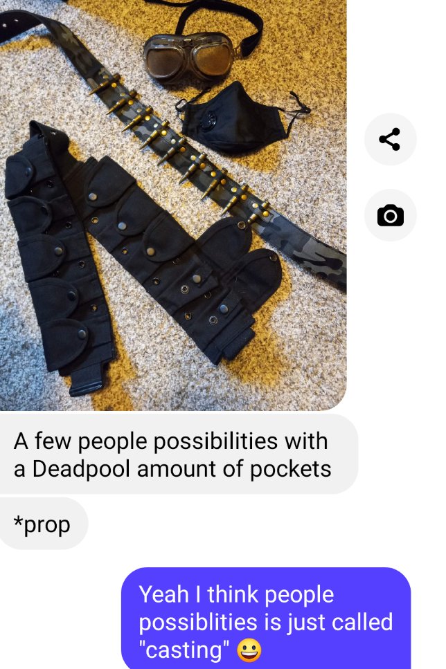 HenchinSeries's tweet photo. Fun fact: an excessive amount of pouches is called a Deadpool. 

Having a fun Sunday with prop and costume ideas... https://t.co/Yqv9Nupoqw