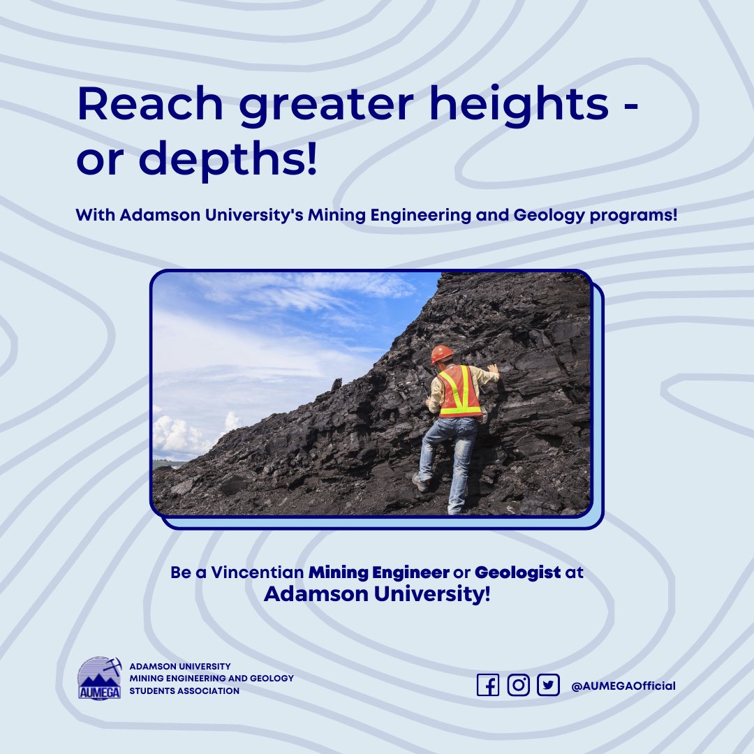 AUMEGAOfficial's tweet photo. Start your journey as a Vincentian Mining Engineer and Vincentian Geologist with us!

Click here for more details regarding enrollment at Adamson University: https://t.co/pjrAhYXWF3

For further inquiries and concerns, just message us

We hope to see you soon, future #Kabatos! https://t.co/wMXgi41863