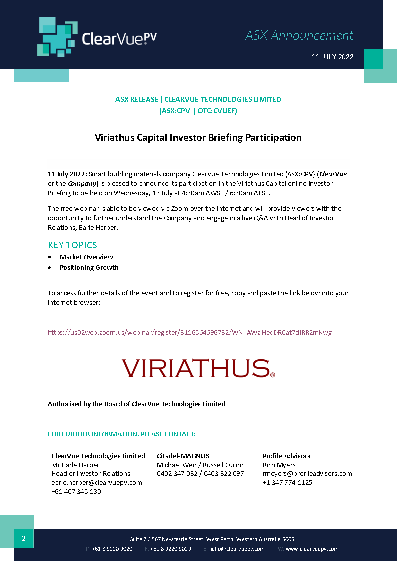 ClearVuePV's tweet image. @ClearVuePV Head of Investor Relations, Earle Harper will be providing free Investor Briefing on Wednesday, 13 July @ 6:30am AEST. Click link below to register:
bit.ly/3yvyctB
Build Better - Energy Efficient | Energy Generating | Clear Solar Glass
#ClearVue #ClearVuePV