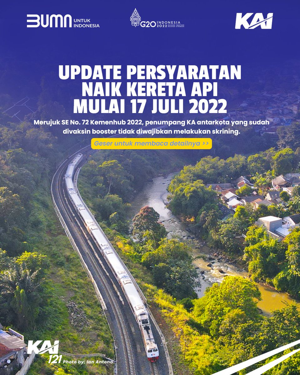 KAI121's tweet photo. Update Persyaratan Naik KA Mulai 17 Juli 2022

Merujuk pada SE No. 72/2022 Kemenhub, penumpang KA antarkota yg sudah divaksin dosis ketiga (booster) tidak diwajibkan melakukan skrining.

Untuk detailnya, cek tabel di postingan ya.

#KAI121
#UpdatePersyaratanNaikKA
#NaikKeretaLagi https://t.co/UR29mRGrvQ