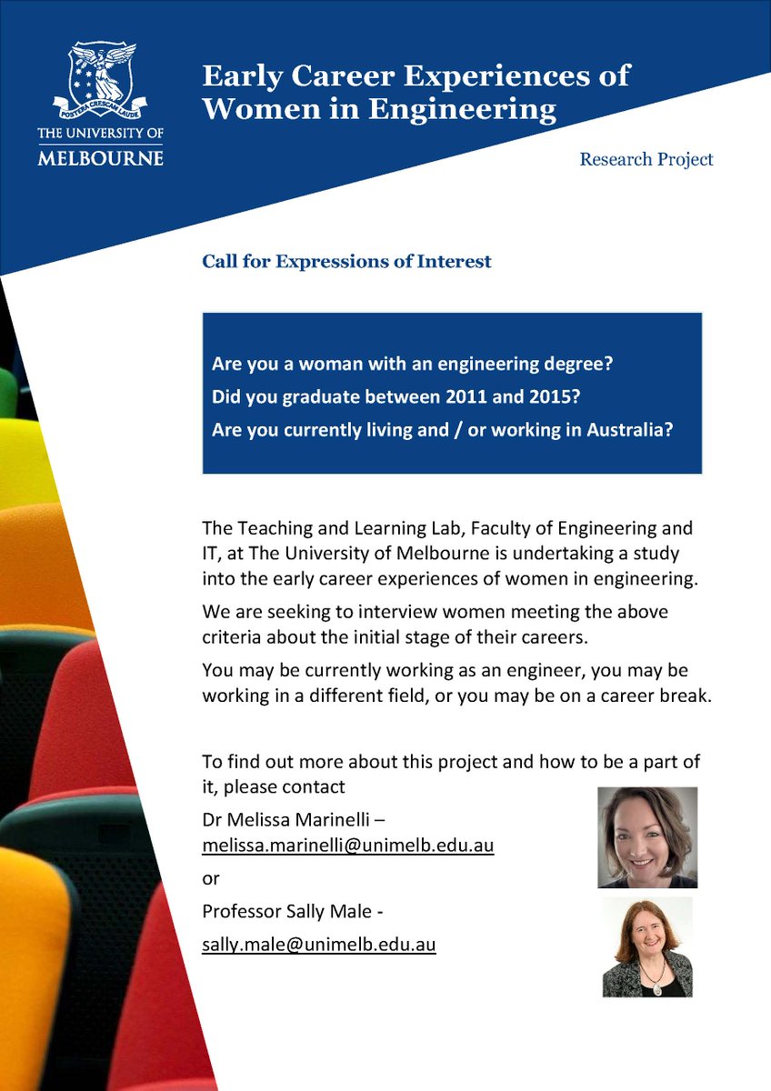 Calling all women with engineering degrees who completed their qualification between 2011 &amp; 2015, currently living in Australia.
Seeking participants for a new research project exploring early career experiences. Get touch if you are interested in taking part! #STEMcareers