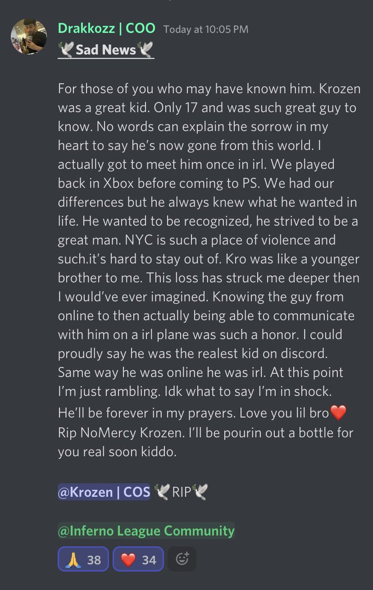RIP Krozen ❤️🙏🕊

You will truly be missed. Our prayers go out to his friends and family. He was an amazing person on the Inferno team. He did so much for the community and the whole comp scene. 

#ripkrozen