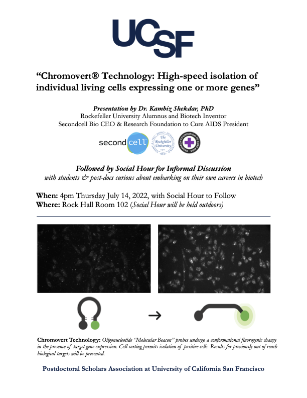 #UCSFpostdocs Our next joint Happy Hour (w industry partner <a href="/secondcellbio/">Secondcell Bio</a>) is scheduled for next Thursday, July 14 ! Join us for free drinks and snacks!
Don't forget to RSVP with this link: forms.gle/PP9dvhnfNjGzTK…  <a href="/UCSFGradDiv/">Graduate Education and Postdoctoral Affairs</a> <a href="/UCSF_Postdocs/">UCSF Postdoc Office</a>