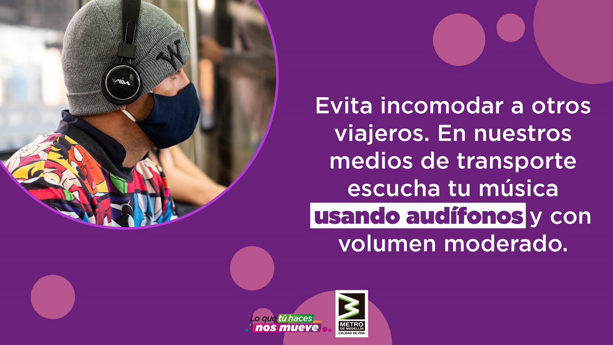 metrodemedellin's tweet photo. Y ahora una recomendación: 𝘂𝘀𝗮 𝗮𝘂𝗱𝗶́𝗳𝗼𝗻𝗼𝘀, 🎧 así disfrutas de tu música, serie, novela o historia favorita sin incomodar a otros viajeros. 😉 

¡Todos #SomosParte del mismo viaje y de la solución! 💚 https://t.co/rzljiD1E88
