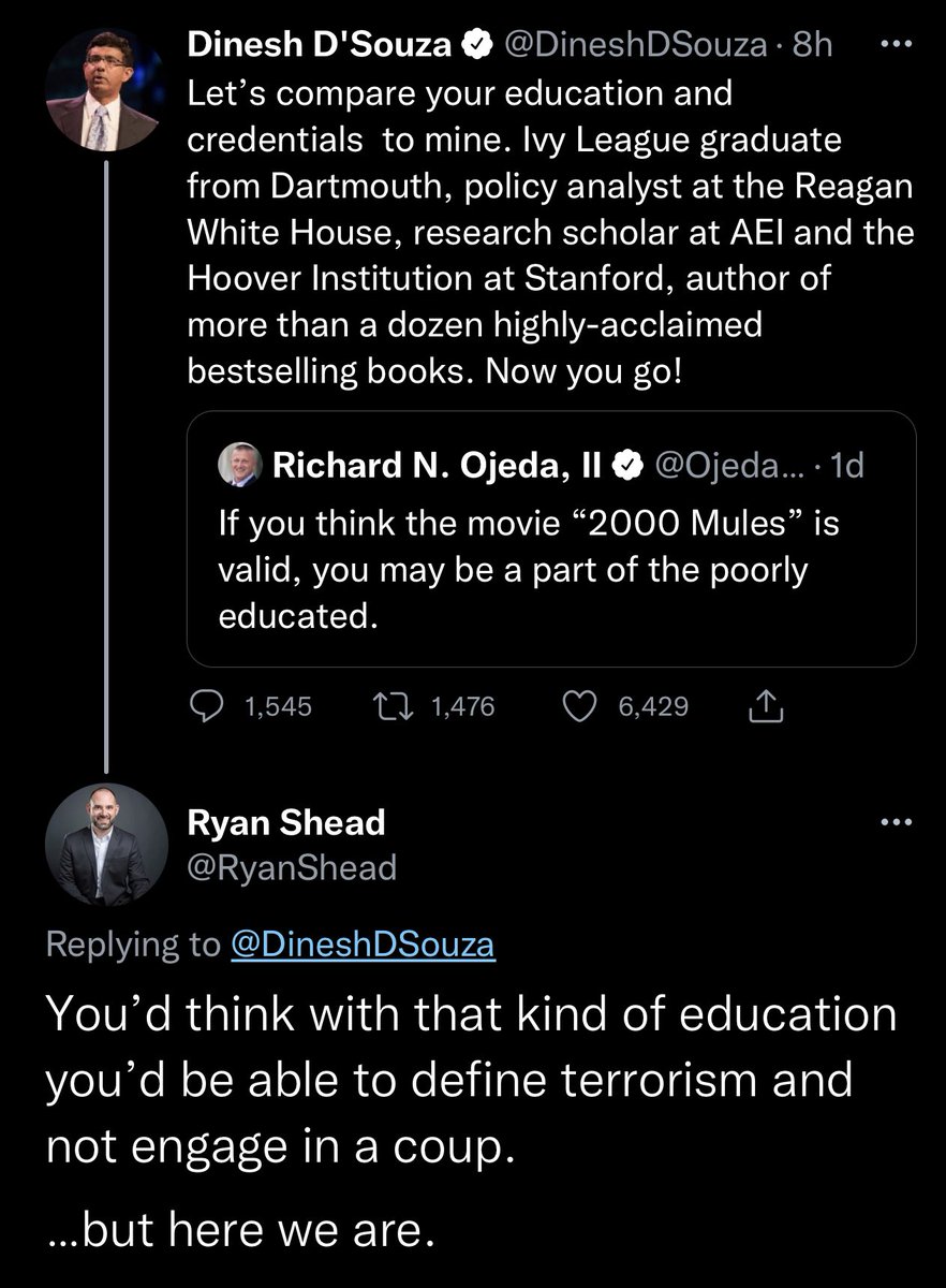 RyanShead's tweet photo. Dinesh D’Souza’ “2000 Mules” proves that education does not equate intelligence. https://t.co/SoWQdQxZ3s