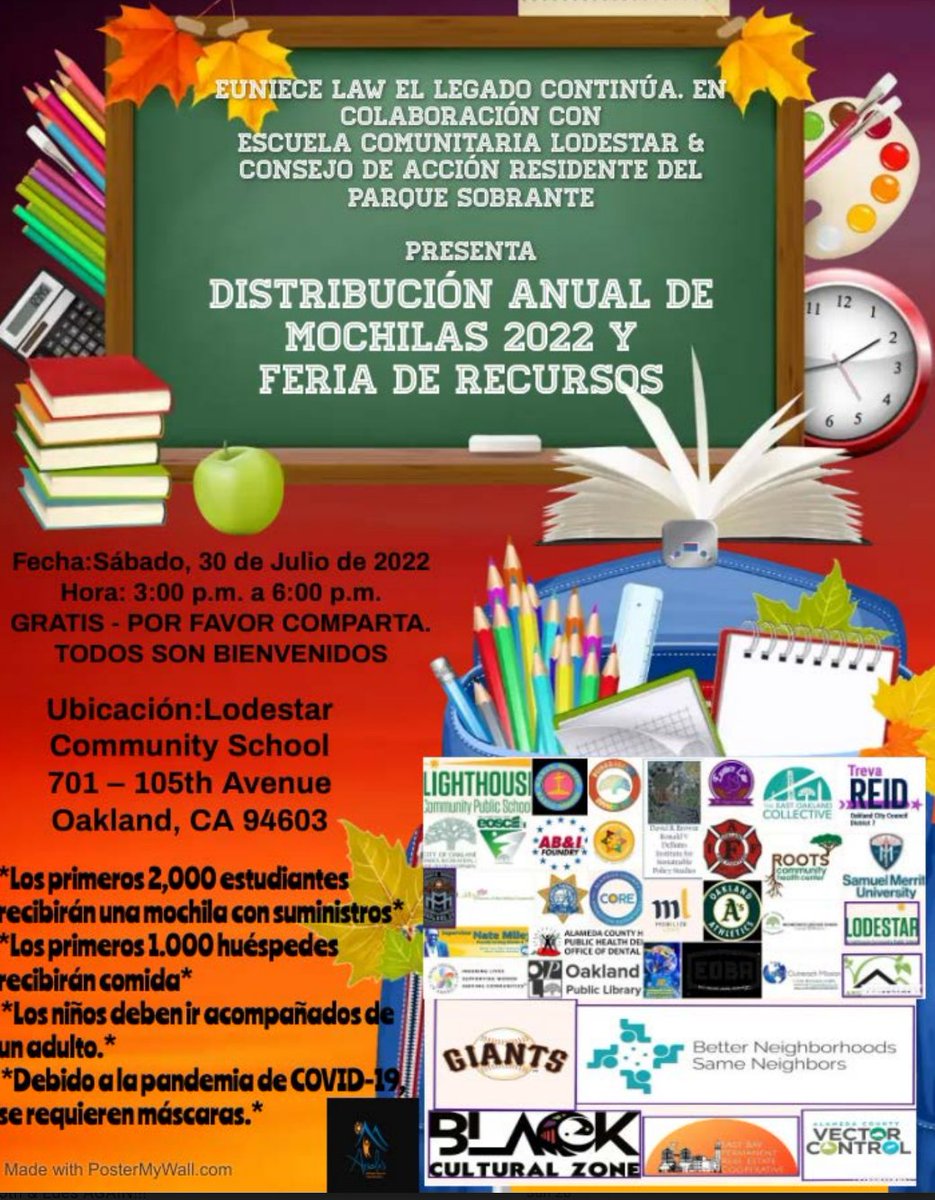 TheOaklandREACH's tweet photo. REACH family. Check out this Backpack/school supplies giveaway and community Resource Fair for Lighthouse, Lodestar, and area schools in East Oakland from 3 p.m. to 6 p.m. on Saturday, July 30 at @LodestarCharter, 701 105th Ave., in Oakland. https://t.co/NgQqR4wpiW