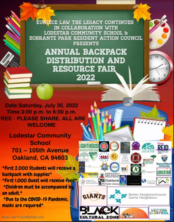 TheOaklandREACH's tweet photo. REACH family. Check out this Backpack/school supplies giveaway and community Resource Fair for Lighthouse, Lodestar, and area schools in East Oakland from 3 p.m. to 6 p.m. on Saturday, July 30 at @LodestarCharter, 701 105th Ave., in Oakland. https://t.co/NgQqR4wpiW
