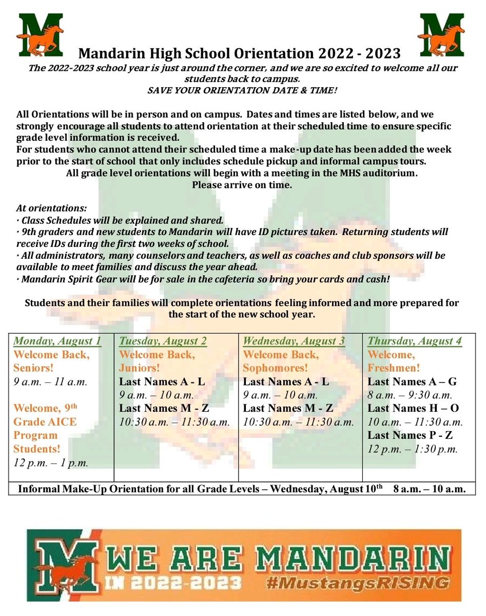 Mandarin Middle - Hawk Pride (@mandarinhawks) on Twitter photo Attention incoming Mustangs,
Here's a message from Principal Bravo about the upcoming Mandarin High Orientation.
We're excited for the start of your high school career.
<a href="/Activities_MHS/">Mandarin Activities</a>
#WeAreMandarin #TeamDuval #MustangNation Attention incoming Mustangs,
Here's a message from Principal Bravo about the upcoming Mandarin High Orientation.
We're excited for the start of your high school career.
<a href="/Activities_MHS/">Mandarin Activities</a>
#WeAreMandarin #TeamDuval #MustangNation