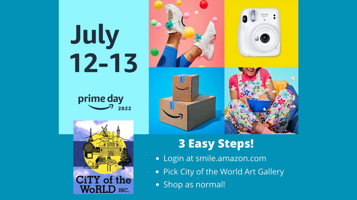 COTWGallery's tweet photo. Amazon Prime day is coming up! This is the perfect opportunity to support City of the World Art Gallery. Just three easy steps to support your local artists of all ages! https://t.co/FuzzNtJsyD