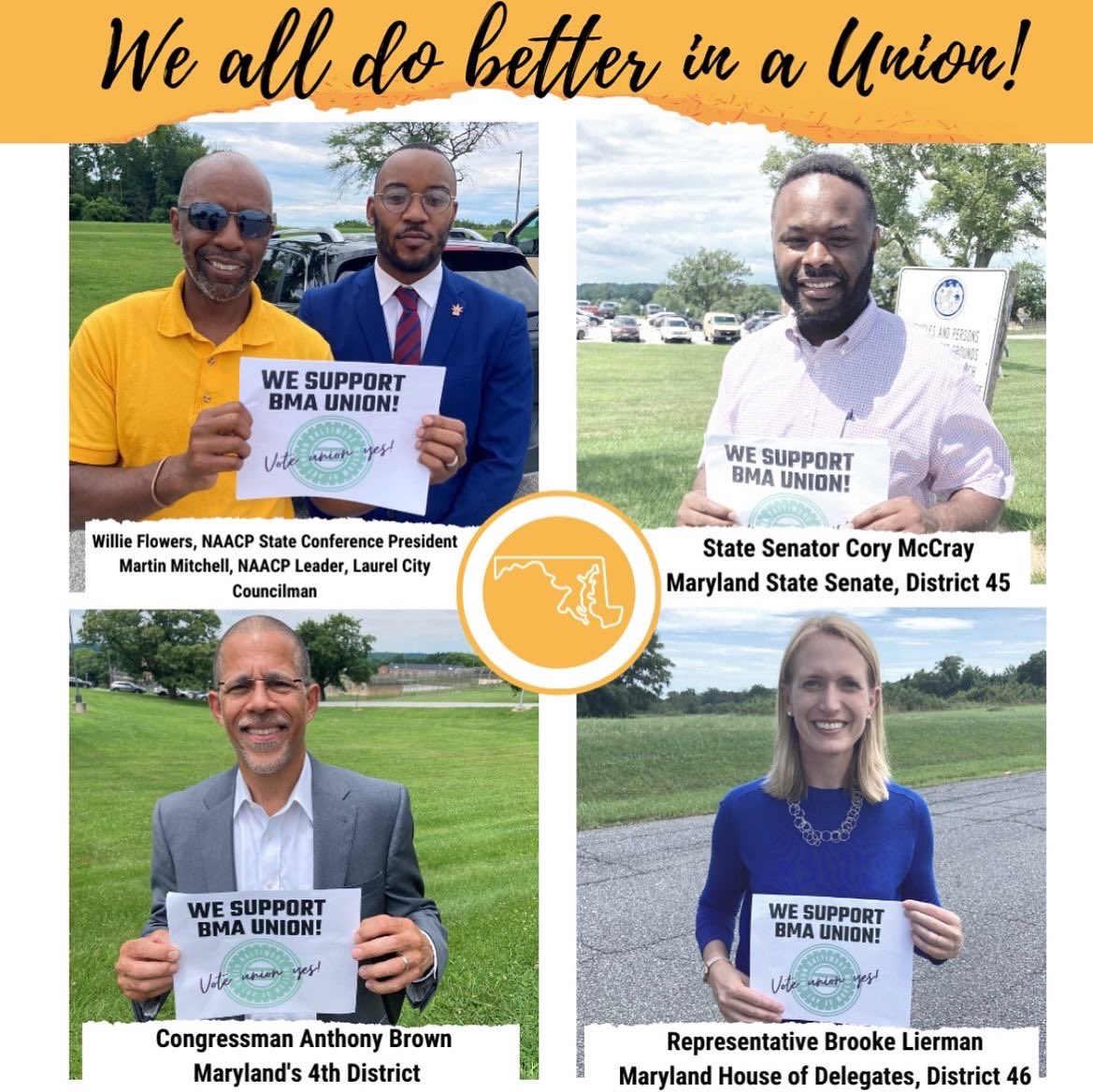 BMAUnion's tweet photo. Thanks to our friends & allies across Maryland for the solidarity & the many ways you’ve supported us over the past months. Thanks in particular to NAACP Maryland State Conference, @SenatorMcCray, @RepAnthonyBrown , & @BrookeELierman !
#unionYES #bmaunion #baltimore #maryland https://t.co/ZPdkzrA4Uw