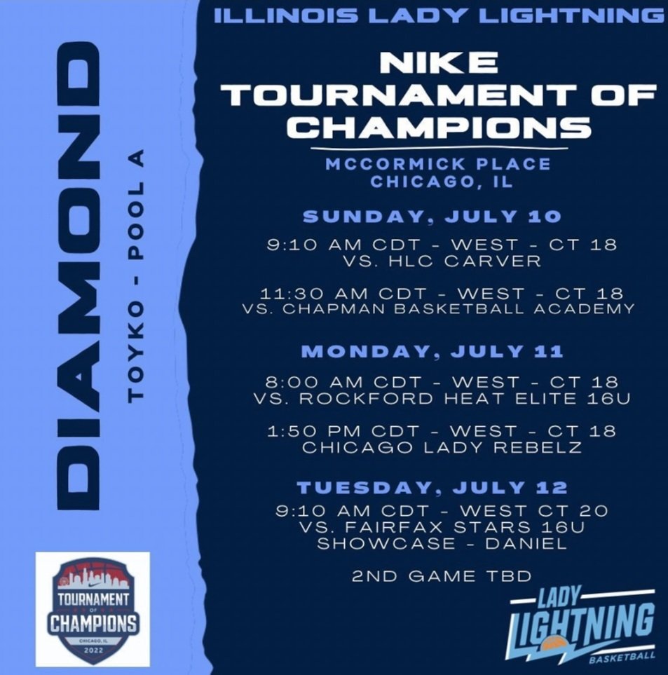 Here's my schedule for the Nike Tournament of Champions hosted at Mccormick Place in Chicago, IL! <a href="/LadyLightningIL/">IL Lady Lightning</a> <a href="/HuntleyGBB/">Huntley Girls Basketball</a>