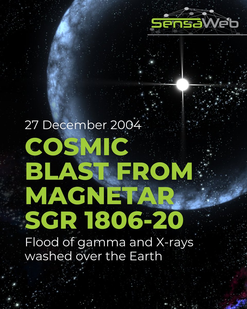 sensa_web's tweet image. On December 27, 2004, the Earth received so much gamma and X-rays that several satellites were blinded. These came from a cosmic blast, most likely a star quake on magnetar SGR 1806-20. 

#SensaWeb #Gamma #Xrays #Space