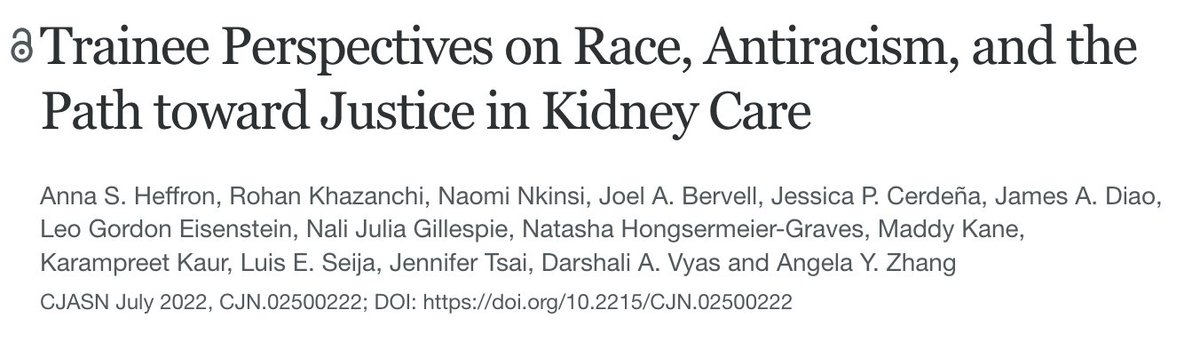Delighted to get to help tell this story. New paper out @CJASN: Trainee Perspectives on Race, Antiracism, and the Path toward Justice in Kidney Care #RacismNotRace #HealthEquity cjasn.asnjournals.org/content/early/… 1/