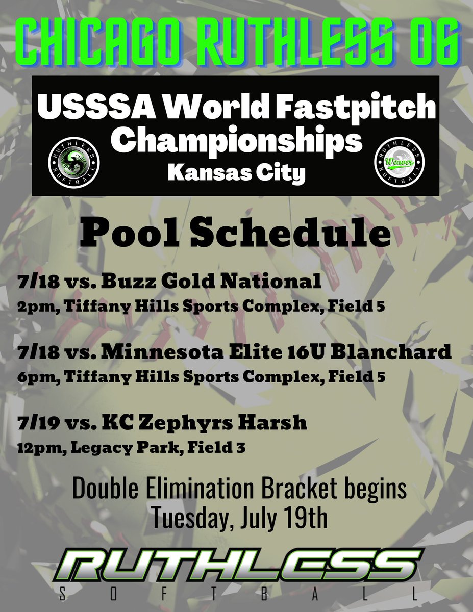 Our <a href="/Chi_Ruthless_06/">Chicago Ruthless 06</a> ladies are heading down to the World Fastpitch Championship in Kansas City and pool play starts on July 18th! <a href="/IHartFastpitch/">I❤️Fastpitch</a> <a href="/TopPreps/">TOP PREPS @TopPreps | X | Sports News & Recruiting</a> <a href="/LegacyLegendsS1/">Legacy & Legends Softball</a> <a href="/d1fastpitch1/">D1 Fastpitch</a> <a href="/Los_Stuff/">Carlos Arias</a> <a href="/USSSAFastpitch/">USSSA Fastpitch</a>