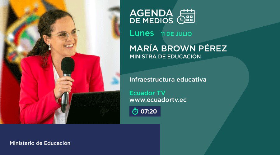 MAÑANA | Sigue la entrevista de la ministra <a href="/mariabrownp/">María Brown Pérez</a>.

🗓 Tema: Infraestructura educativa.
⏰ 07:20
📺 <a href="/EcuadorTV/">EcuadorTV</a> 

#EncontrémonosPorLaEducación
