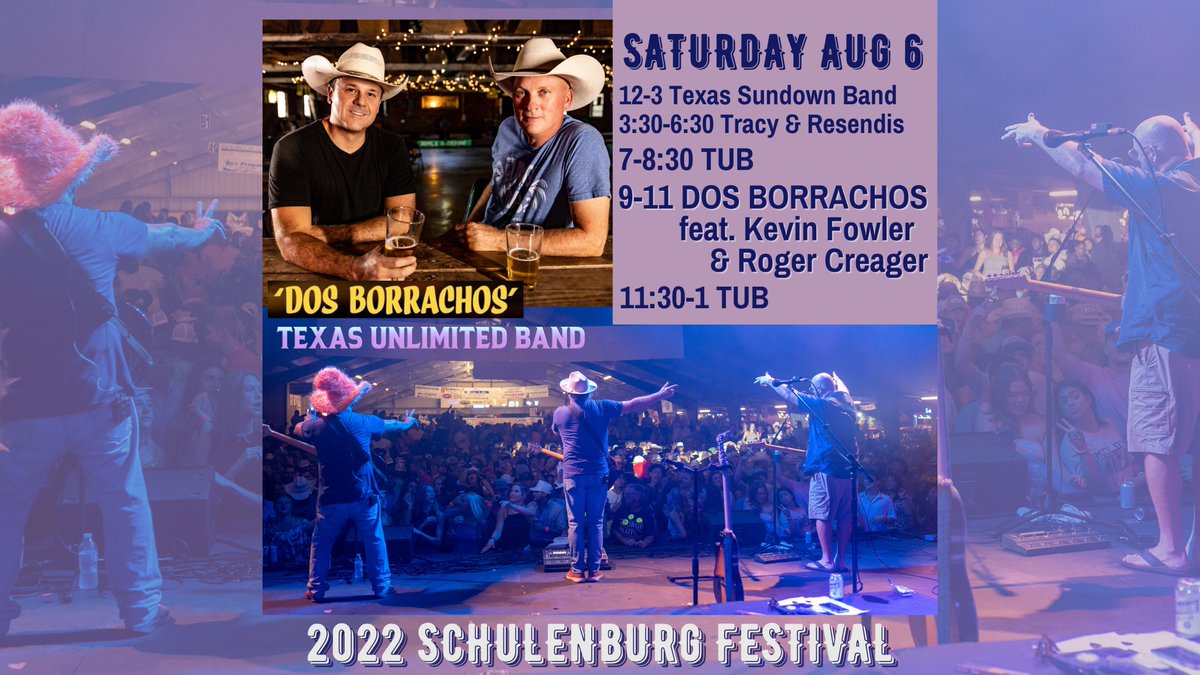 SchulenburgFest's tweet photo. Party, with a CAPITAL P, on Festival Saturday! #NationalPartyofTexas
Noon-3-Texas Sundown Band
3:30-6:30-Tracy &amp; Resendis
7-8:30-Texas Unlimited Band TUB
9-11-@dosborrachosTX  featuring @KevinFowler &amp; @rogercreager 
11:30pm-1 am-Texas Unlimited(TUB) #SburgFest2022 https://t.co/pfy5ZLCZgo