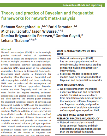 Theory and practice of Bayesian and frequentist frameworks for network meta-analysis

This paper answers the most *frequently* asked questions about NMA - by <a href="/rominabrigpet/">Romina Brignardello</a> <a href="/GuyattGH/">Gordon H. Guyatt</a> <a href="/faridftn/">Farid Foroutan</a> <a href="/JasonWBusse/">Jason Busse</a> et al. from <a href="/HEI_mcmaster/">HEI</a>

Link📃 bit.ly/3R1nYK7