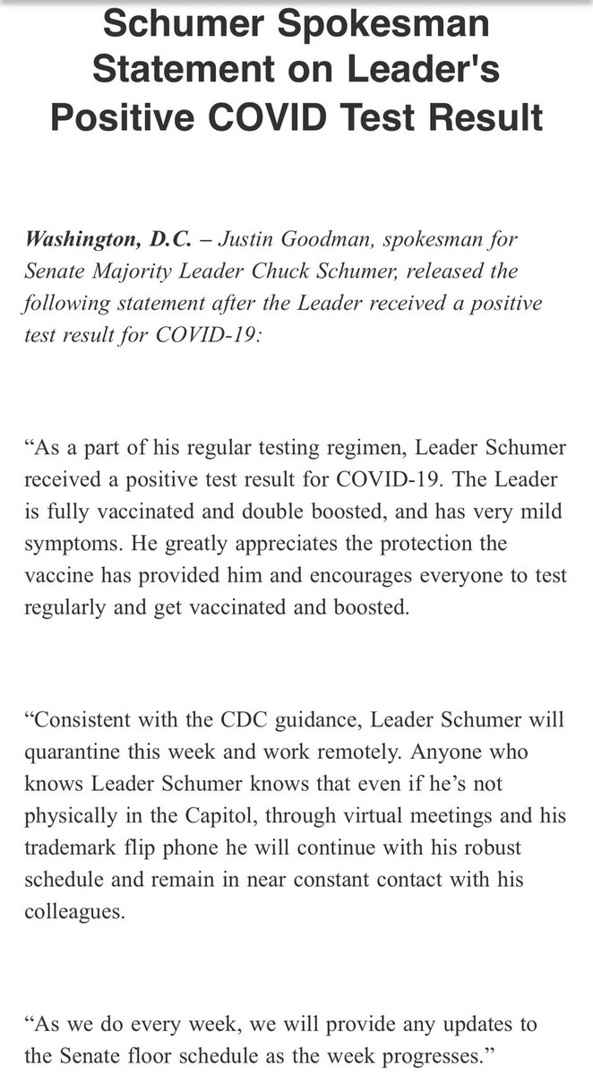alaynatreene's tweet photo. NEWS: Schumer has tested positive for COVID, on the eve of the Senate returning after its 2-week recess

His office says he will quarantine and work remotely this week https://t.co/um2JuFvJja