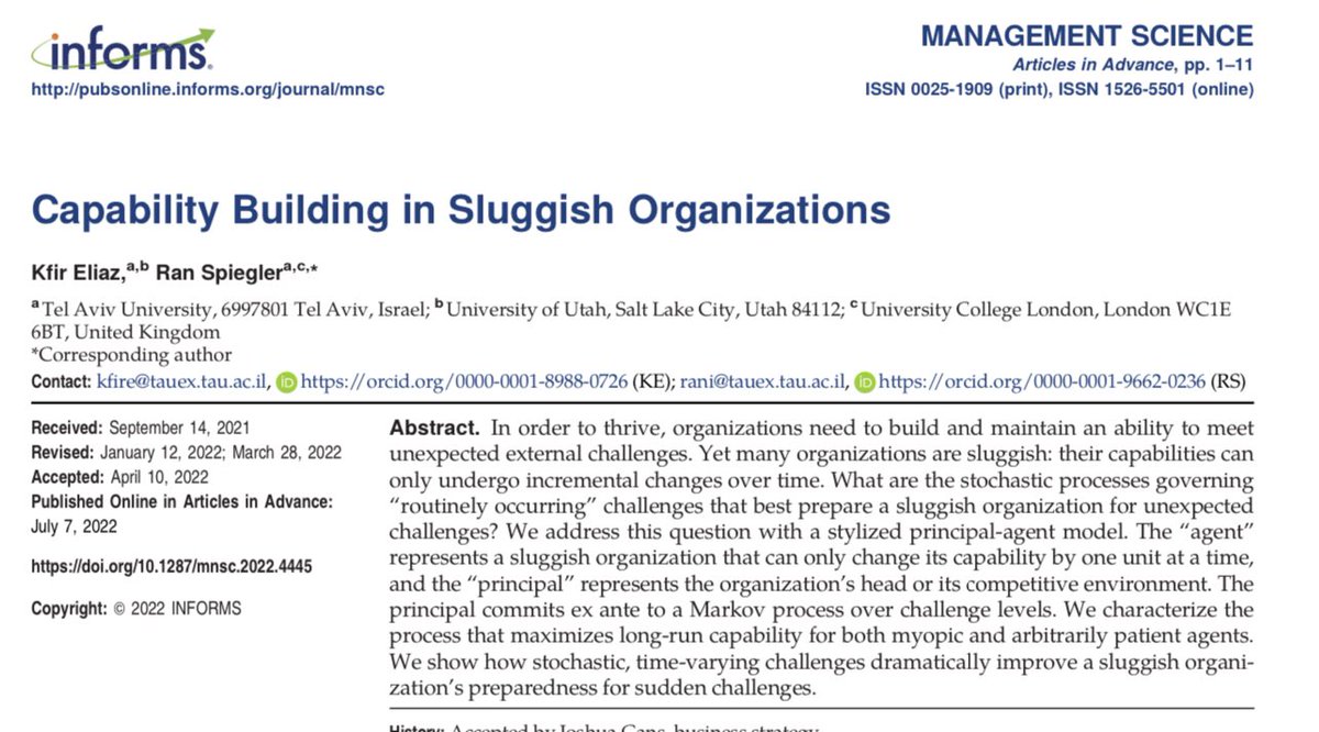 emollick's tweet photo. How do you stop an organization from losing its capability to adapt and change? This model-based paper suggests that organizations need to exercise change capability much like bodybuilders build muscles. Spaced-out, intense challenges of varying length build organizational muscle https://t.co/lH9uN3vBRG