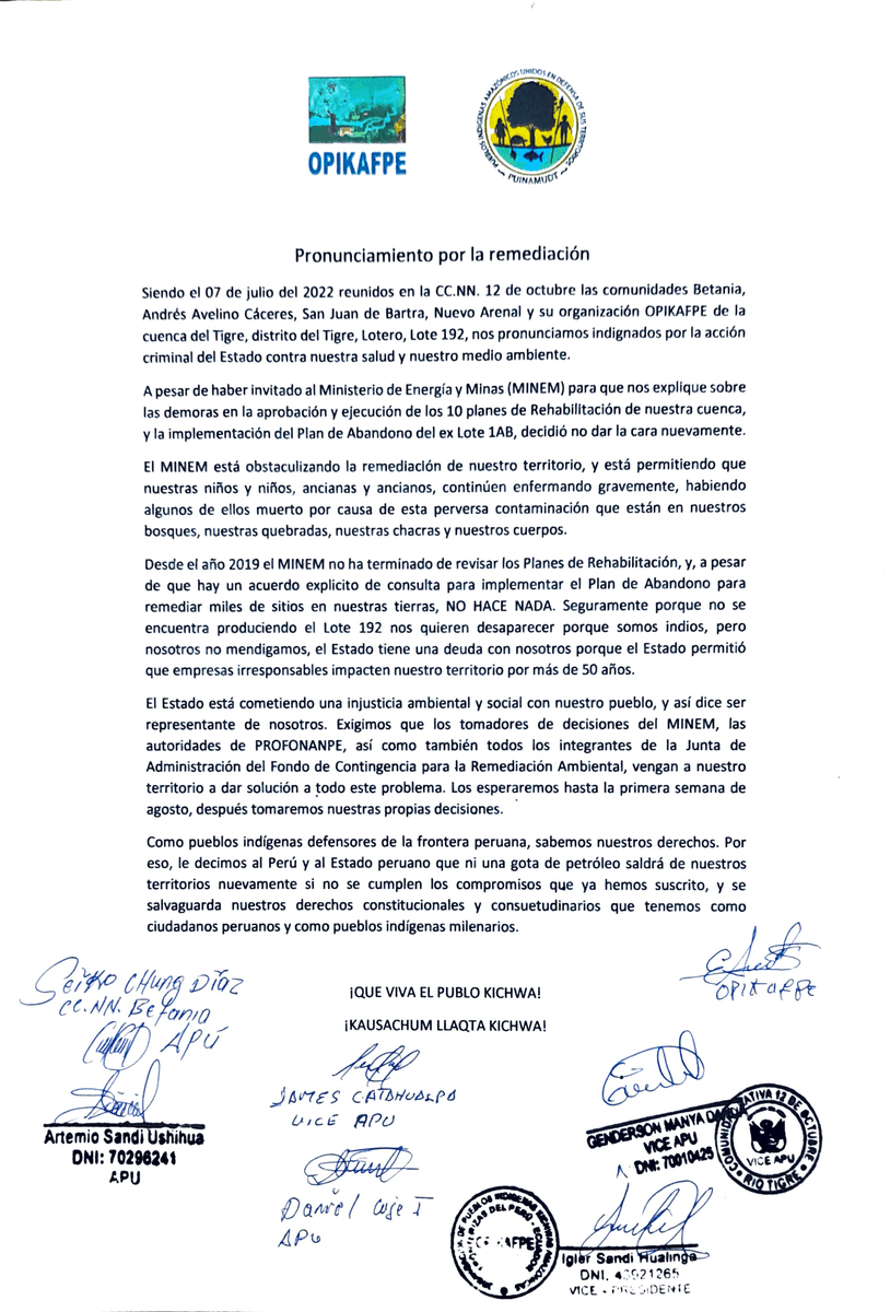 4cuencas's tweet photo. 🚨📣 #PRONUNCIAMIENTO de la asamblea de la #OPIKAFPE desde la frontera. Las autoridades kichwas se reunieron en en el corazón del #Lote192 y el @MinemPeru nunca llegó. "Ni una gota de petróleo si no cumplen sus compromisos", han advertido las comunidades al #Estado peruano ✊🏾 https://t.co/9A7tJioqce