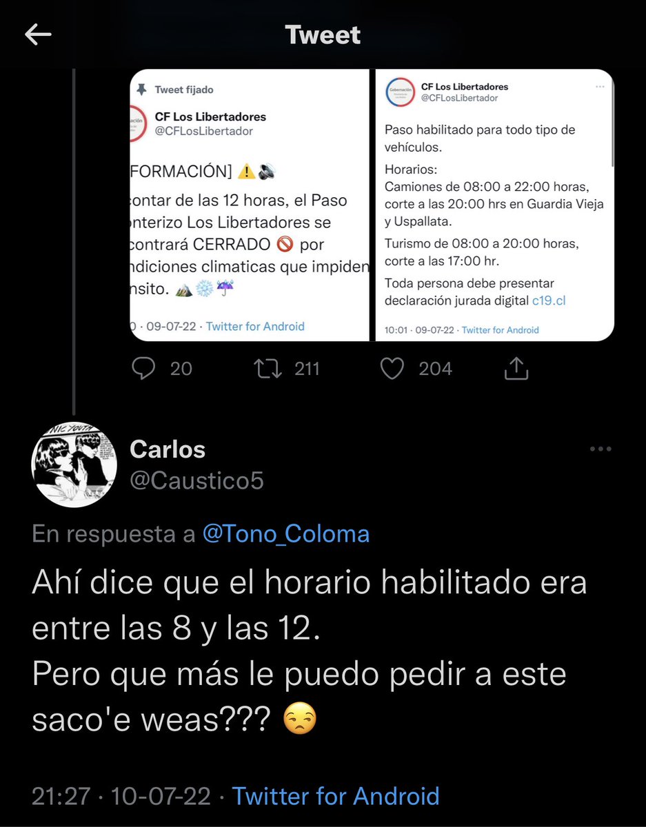 Im_peterchile's tweet photo. @Caustico5 @Tono_Coloma No sabe leer? El primer tweet a las 10:00 dice que El Paso está abierto entre 08:00 y 22:00, a las 11:50, nuevo tweet declarando que a las 12:00 se cierra. Cuál es la ventana? Si originalmente estaría abierto todo el día? https://t.co/1WnWLA8H0f