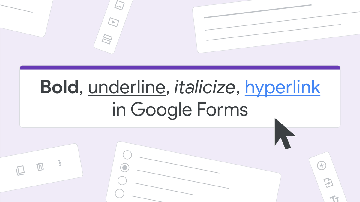digitalmediawiz's tweet photo. It’s time to elevate your #GoogleForms—you can now 𝗕𝗼𝗹𝗱, u͟n͟d͟e͟r͟l͟i͟n͟e͟, 𝘪𝘵𝘢𝘭𝘪𝘤𝘪𝘻𝘦, and 🔗 hyperlink titles, questions, and descriptions! Learn more about rich text formatting: https://t.co/w73D6EDXB1 #edtech #edchat #GoogleEDU https://t.co/zdIfW1AGQU