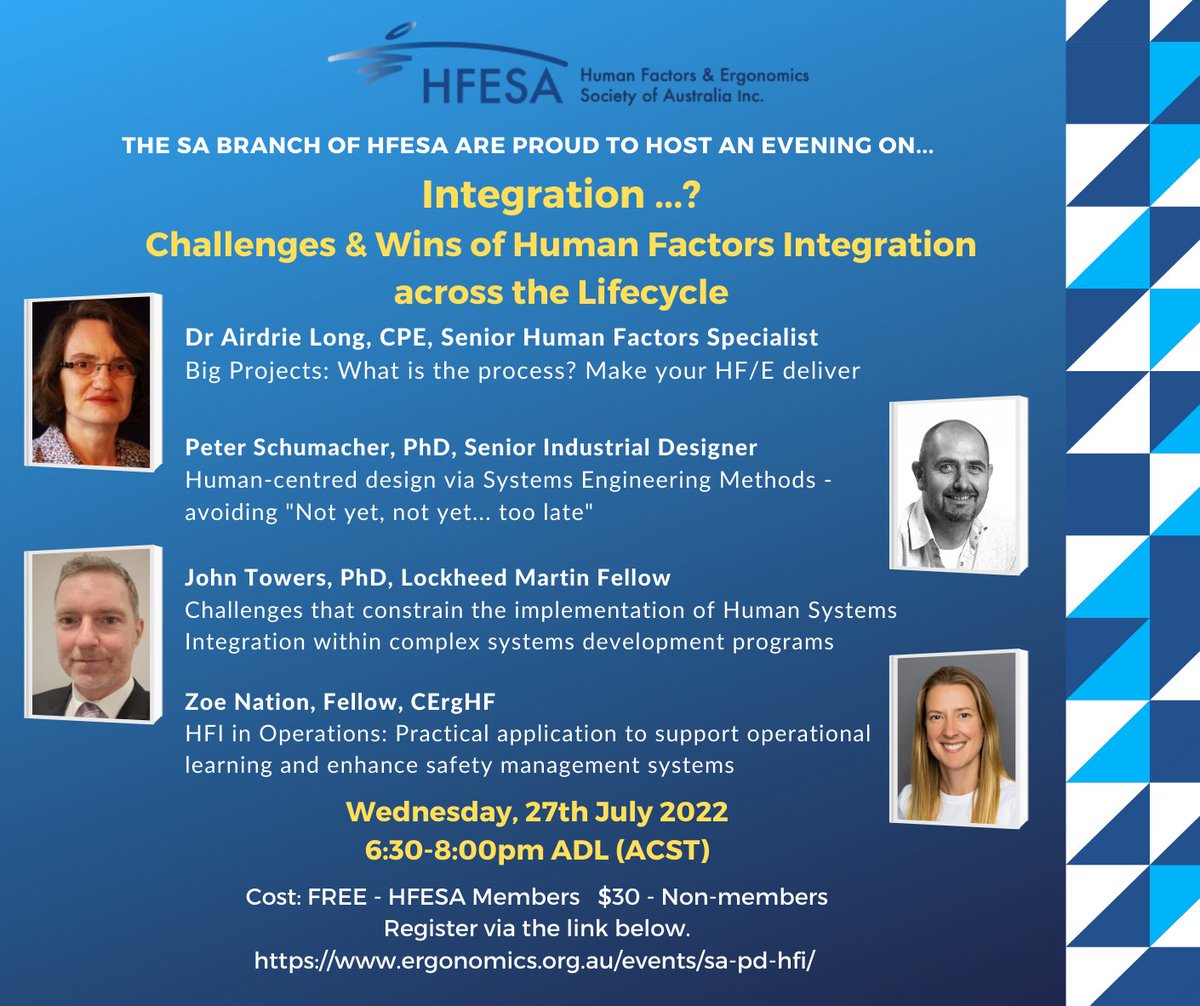 hfesaus's tweet photo. Make sure you register for our upcoming HFESA SA PD session - Human Factors Integration on the 27th of July. https://t.co/HBs02qT1BF
#hfesa #hfesapd #ergonomics #humanfactors https://t.co/kvMyJfMJi0