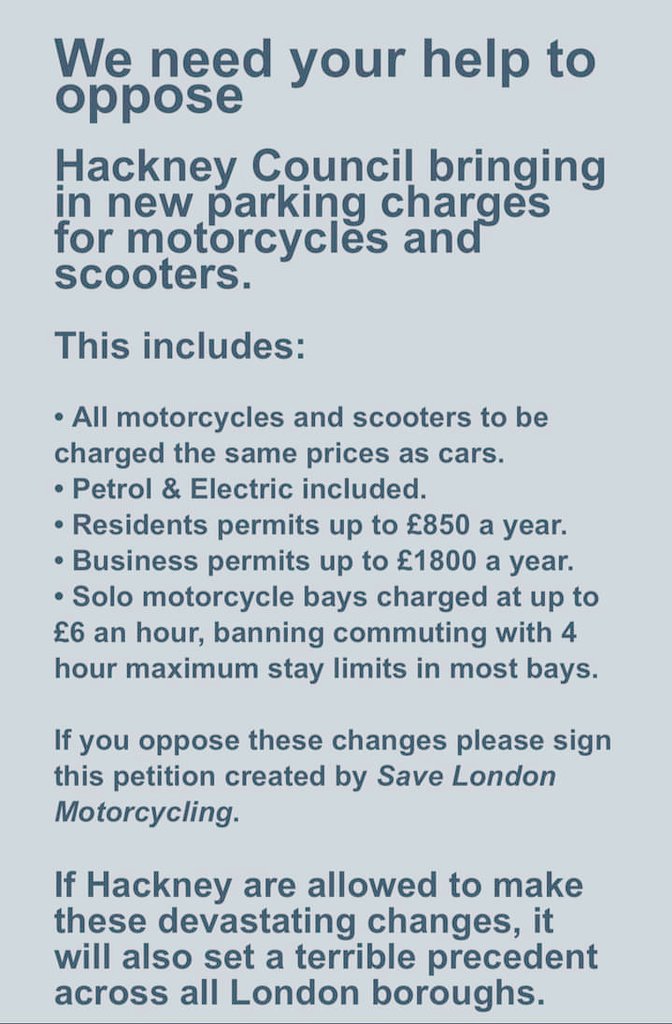 Absolute daylight robbery, how is this even legal? up to £8ph for MC/SC parking,what happen to greener London? Less traffic and pollution. #LondonTraffic #hackneycouncil #londomayor #sadqikhan #philpglanville #Dianeabbot #greenerlondon change.org/p/stop-plans-f…