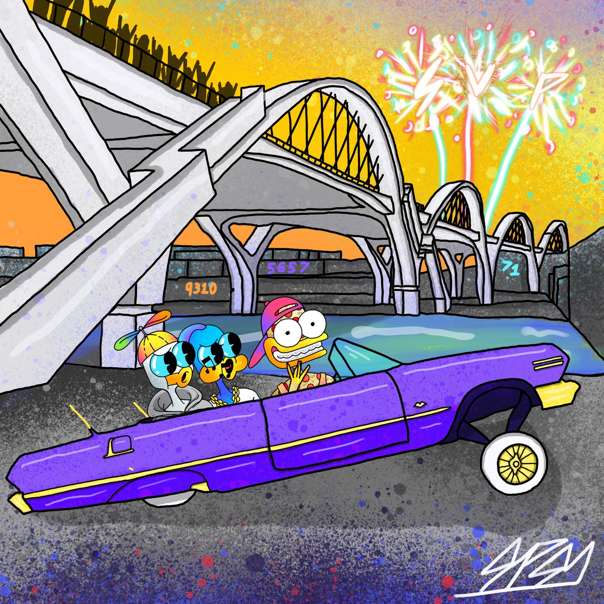 Went out in some big West Coast vibes last night at 6th Street Bridge party with the gang <a href="/frankynines/">frankynines</a> <a href="/enhansy/">Otico the Duck</a> And someone snapped this picture of us in the low rider <a href="/RealSupDucks/">Michael Dragovic</a>