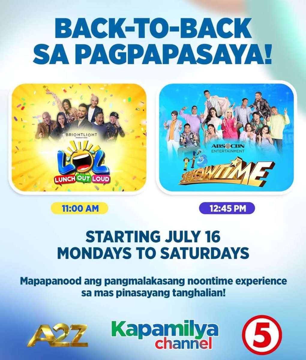AcdTank's tweet image. Tropang LOL!
Simula July 16, mas maaga niyo na kaming mapapanood, 11:00AM! 

Sa mas pinalawak na tambayan natin sa TV5, A2Z and Kapamilya Channel! 

See you mga Katropa, Kapatid, Kapamilya at Ka-A2Z! 

Kitakits mga KATROPA 😊