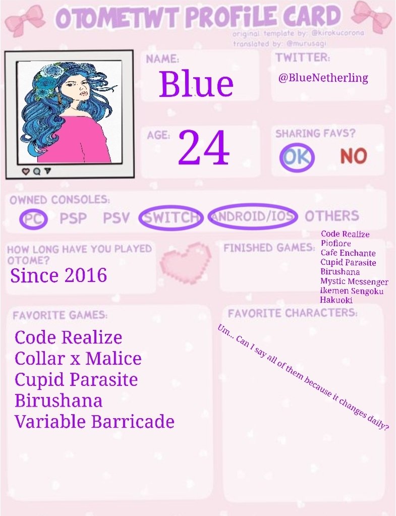 BluNetherling's tweet image. Hello! My name is Blue and I&apos;m new to Twitter and looking to make some otome friends! Please don&apos;t be afraid to reach out. #otometwt #otometwtintro