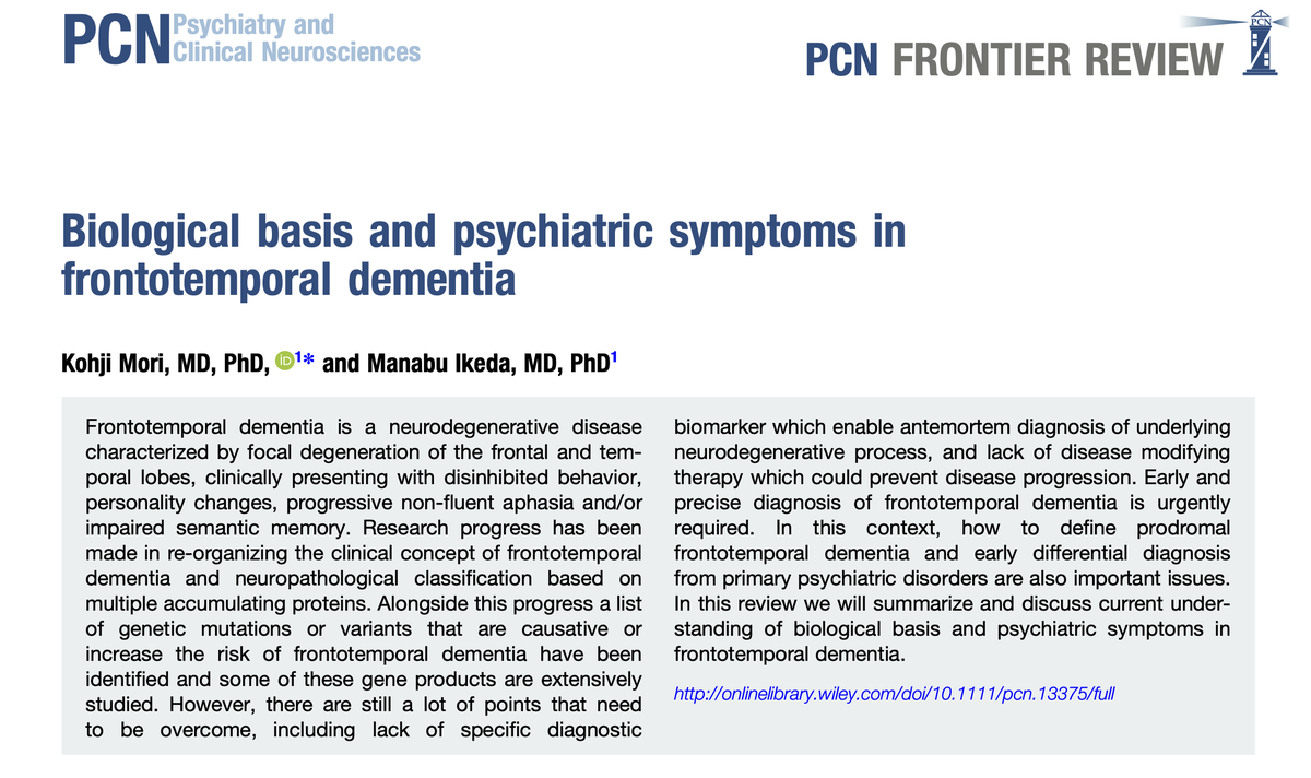 PCN_Psychiatry's tweet photo. Biological basis and psychiatric symptoms in frontotemporal dementia
https://t.co/74RBwePjGM
#Frontotemporal_Dementia #FTD #Dementia #psychiatric_symptoms #BiologicalBasis #C9orf72 #GRN #VCP #TBK1 #CHMP2B #SQSTM1 #UBQLN2 #genetic https://t.co/AaQJcv1blp