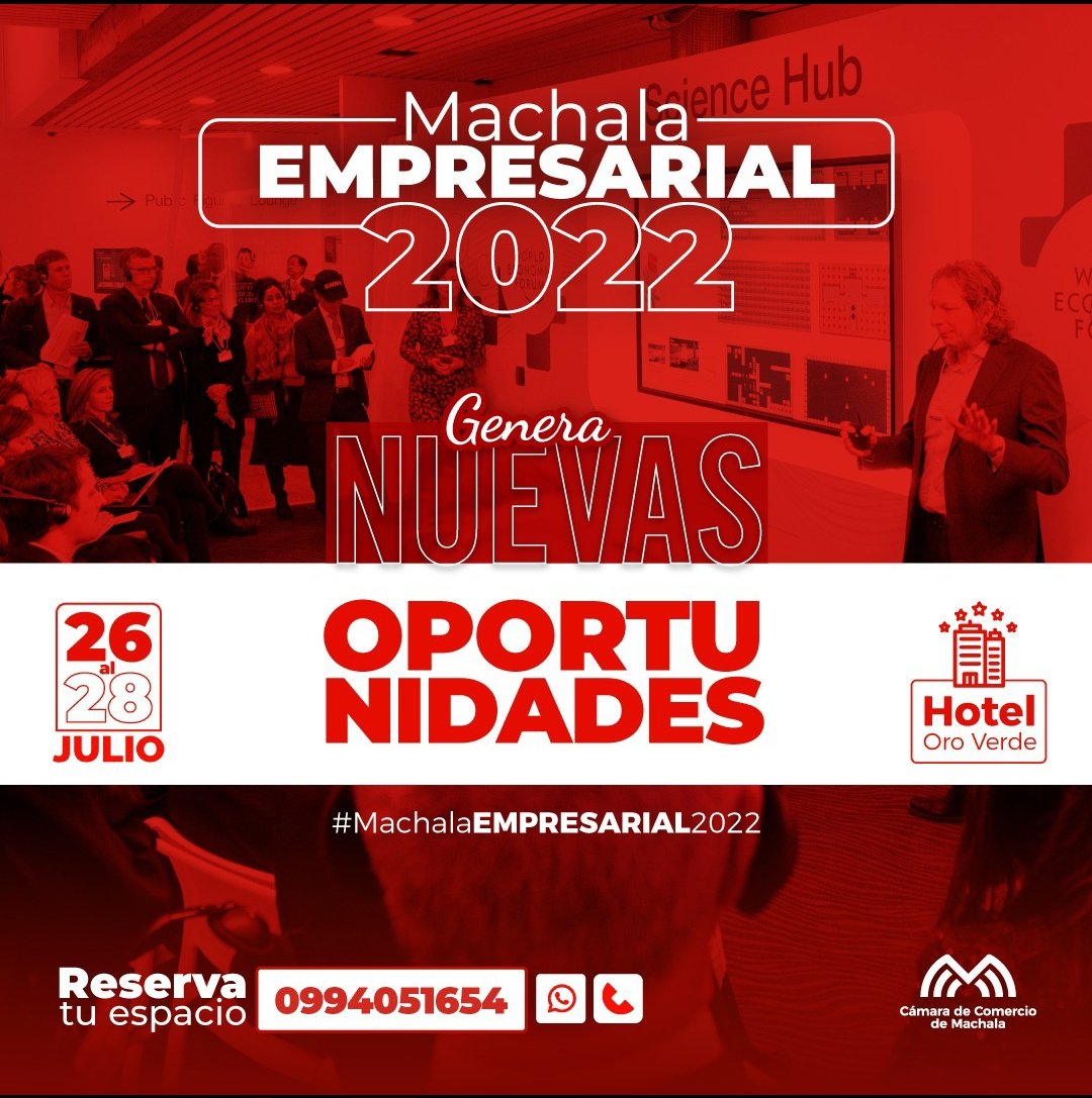CamCMachala's tweet photo. Sé parte de este gran evento #MachalaEmpresarial2022, este 26, 27 y 28 de Julio, tres días de ferias donde estarán las mejores empresas de la ciudad.
No te pierdas la oportunidad de generar con nosotros ...
#MásOportunidadesJuntos 🤝🏻👥🧑🏻💻
#CCMachala #MachalaEmpresarial2022 https://t.co/O5JR1JACdJ