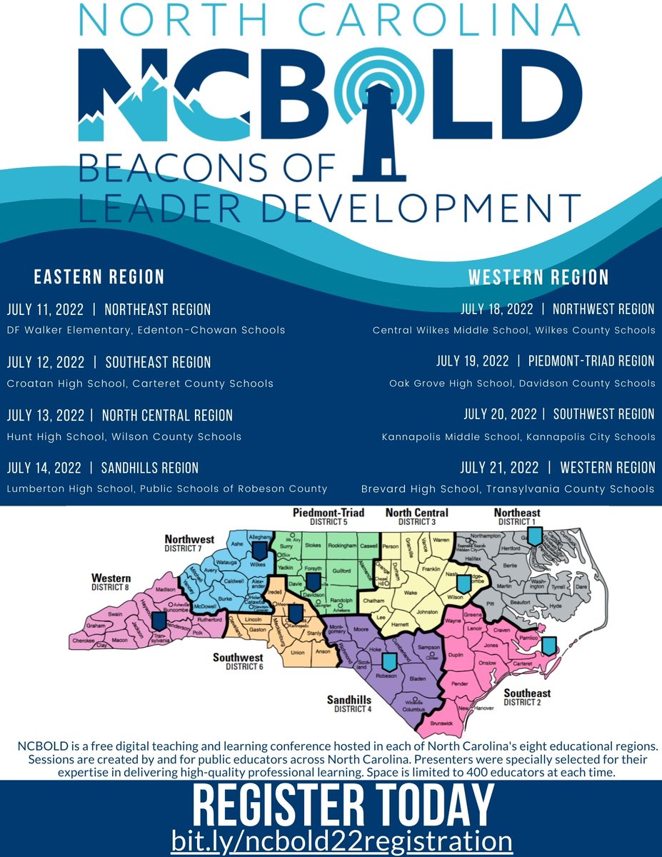 It is here - #NCBOLD eve.  We kick off Monday in Edenton and continue to Newport, Wilson, &amp; Lumberton this week.  

There is still time to register for any of these events at bit.ly/ncbold22regist….

You can preview our sessions at docs.google.com/spreadsheets/d…