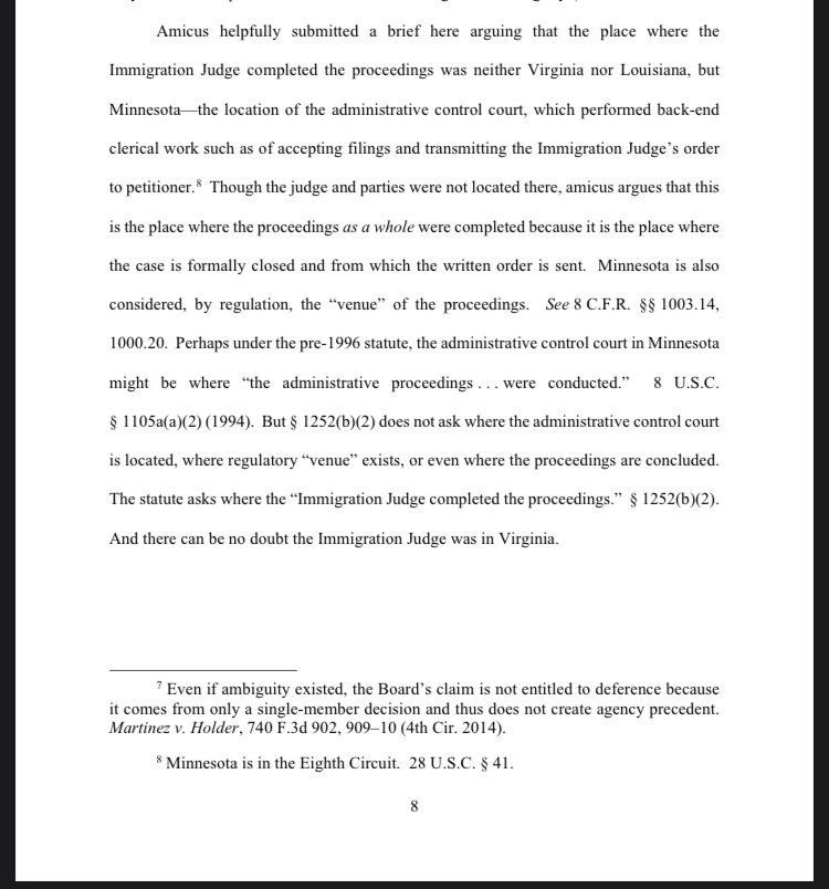 ReichlinMelnick's tweet photo. This is a great law nerd question with a big impact:

Asylum seeker is held in ICE detention in Louisiana. Immigration court processing the paperwork is in Minnesota. Judge appears by video from Virginia. Where do you file the appeal? 4th, 5th, or 8th Cir.?

4th. says it’s 4th. https://t.co/hU5arp0Ddl