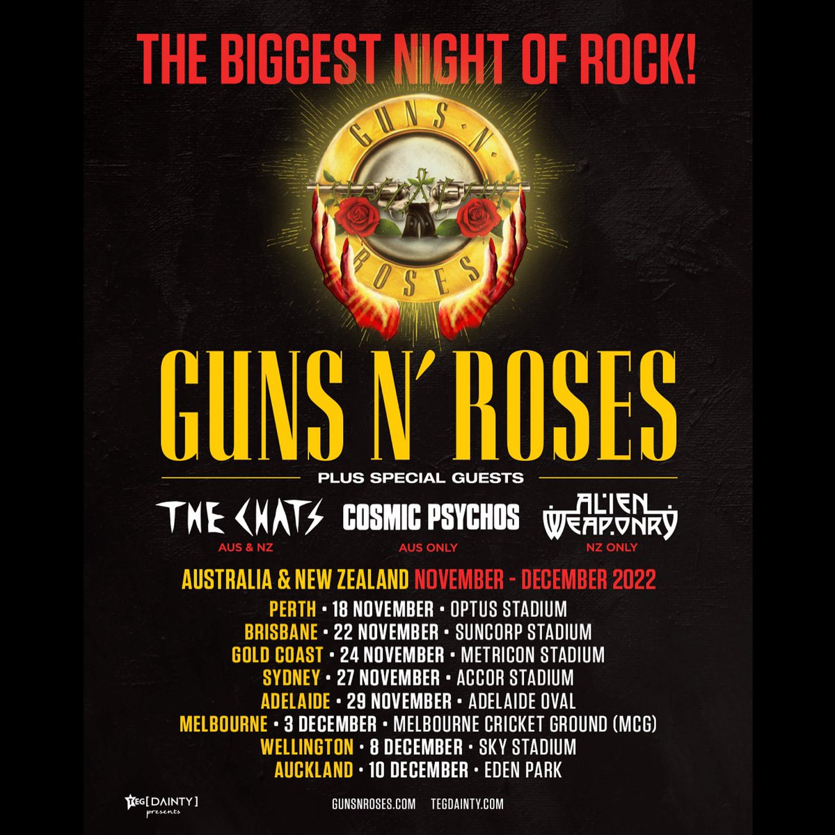 twenty3group's tweet photo. ⚡️JUST ANNOUNCED: The biggest night of rock just got bigger as @thechatsband, Cosmic Psychos and @AlienWeaponry join @gunsnroses as special guests on their Australian &amp; New Zealand stadium tour this Nov &amp; Dec.

🎟 Grab your tickets now: https://t.co/TywG3AfbiS https://t.co/NNmsq88aQM