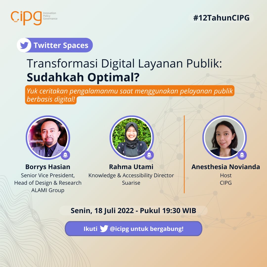 #TransformasiDigital jadi jalan bagi pemerintah mencapai efisiensi, salah satu caranya yaitu membuat aplikasi layanan publik. Lalu, sejauh apa aplikasi tersebut memudahkan pengguna?

Yuk, gabung dalam diskusi transformasi digital layanan publik di Twitter Space CIPG! #12TahunCIPG