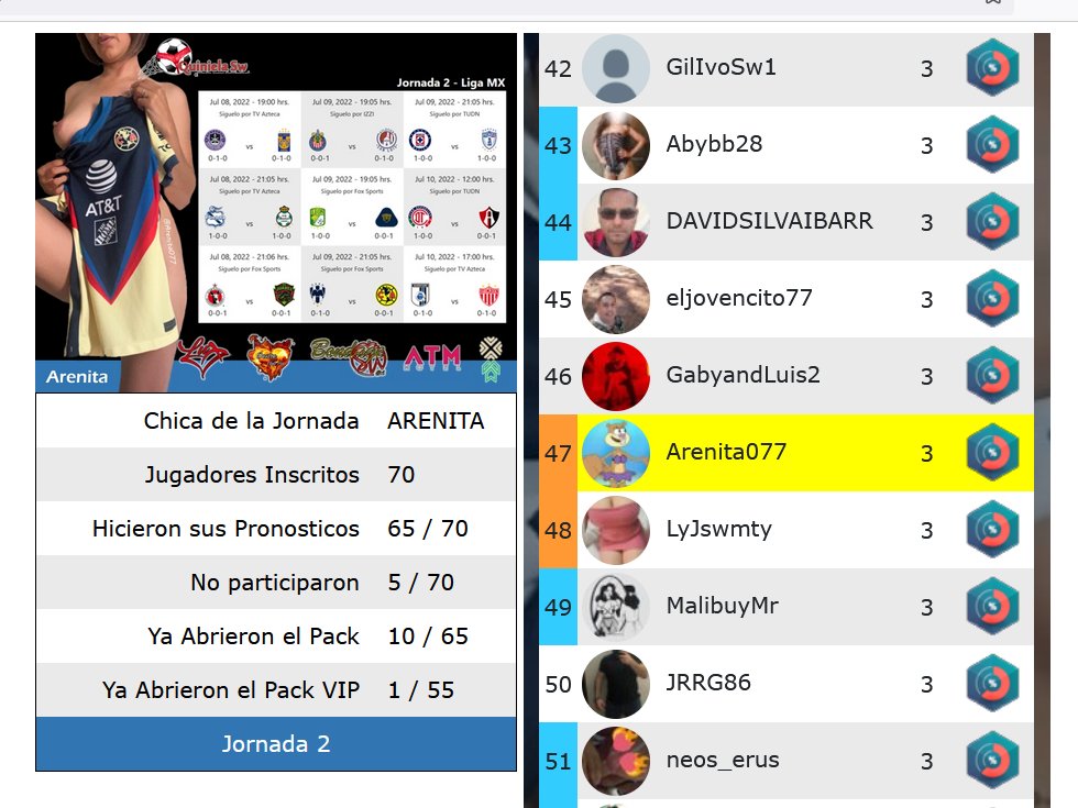 QuinielaSW's tweet photo. Terminó la #J2 y tenemos 55 jugadores que hicieron la misma cantidad o mas puntos que nuestra chica del #TeamQSW @Arenita077 ganando asi un #PackVIP que ya esta disponible en el portal, si no ganaste no te aguites, puedes desbloquear el pack con 50 tokens ¿quieres jugar? manda MD https://t.co/poLtH8PIrE