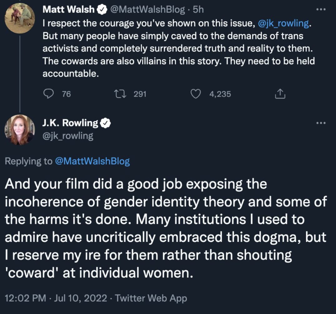 JK Rowling knows she can't be harsh on Matt Walsh because Gender Critical and TERFs are so cozied up to right wing anti-feminism that they are inseparable.

When orgs like WoLF (terf group) partner with the Heritage Foundation (anti abortion group), this should surprise no one.