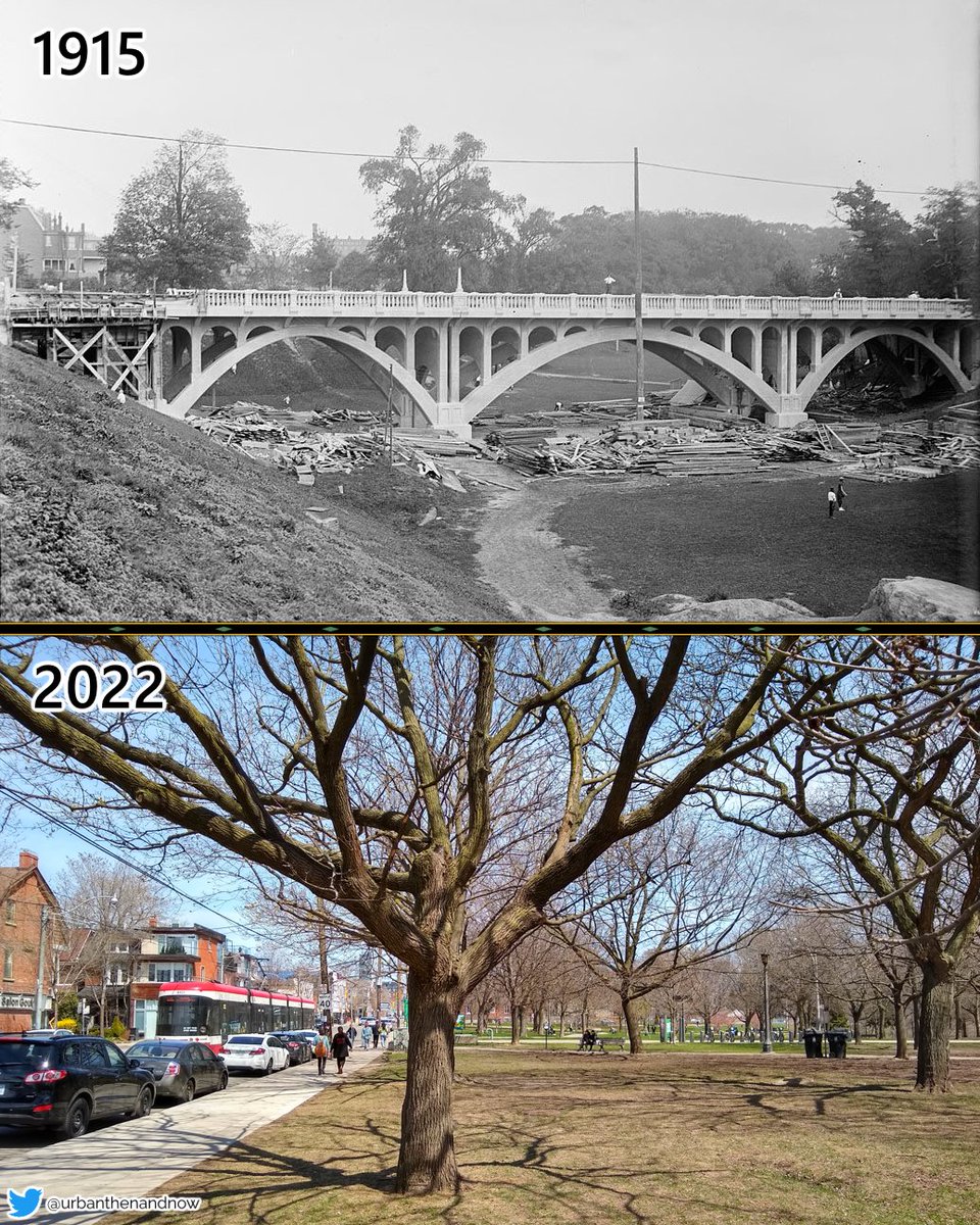 UrbanThenAndNow's tweet image. Crawford St Bridge, #TrinityBellwoods Park, #Toronto. The concrete triple-arch bridge across Garrison Creek was commissioned by R.C. Harris and built in 1915. The creek and bridge were buried with dirt from construction of the Yonge subway in the 1960s. #TorontoHistory