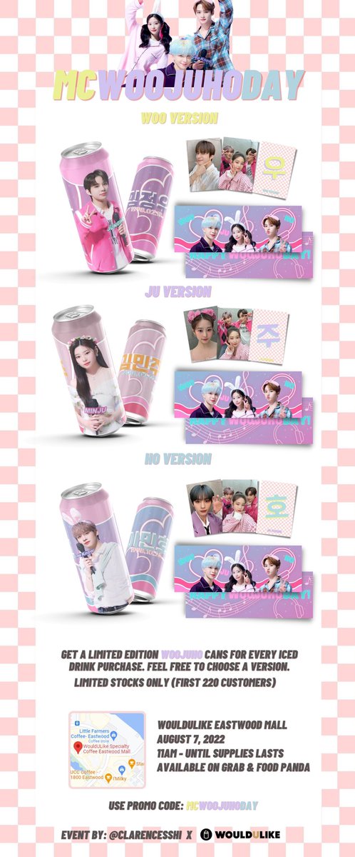 clarencesshi's tweet photo. Celebrate #MCWooJuHoDay w/ us. Cansleeve event for our favorite MC's Anniversary with Music Core.🎶

🗓️ August 7, 2022
⏰ 11:00 - Until Supplies Last
📌 WouldULike Eastwood

Get the limited can &amp; freebies for every drink purchase. Limited slots only.

Show Show Show! Annyeong!🎵 https://t.co/N8InPa6sAu