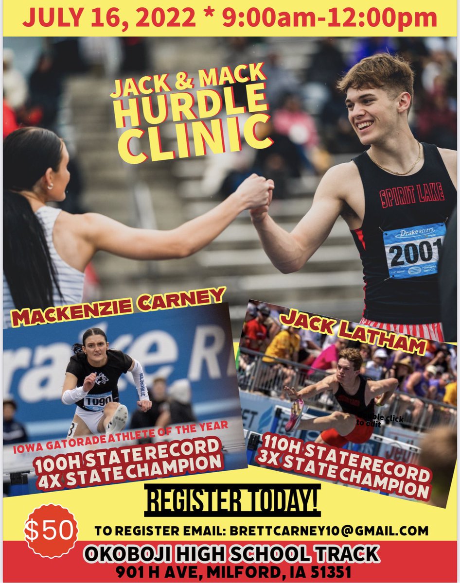 OKOBOJI MS/HS COED HURDLE CLINIC THIS SATURDAY!!  State Record Holders Mackenzie Carney and Jack Latham hosting another Great clinic!