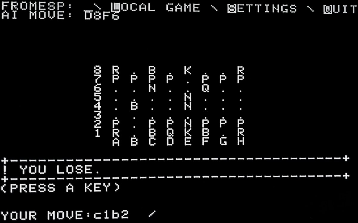 Using the apple2Idiot card to play chess against a computer api over wifi.  I lost very quickly.  #AppleII
