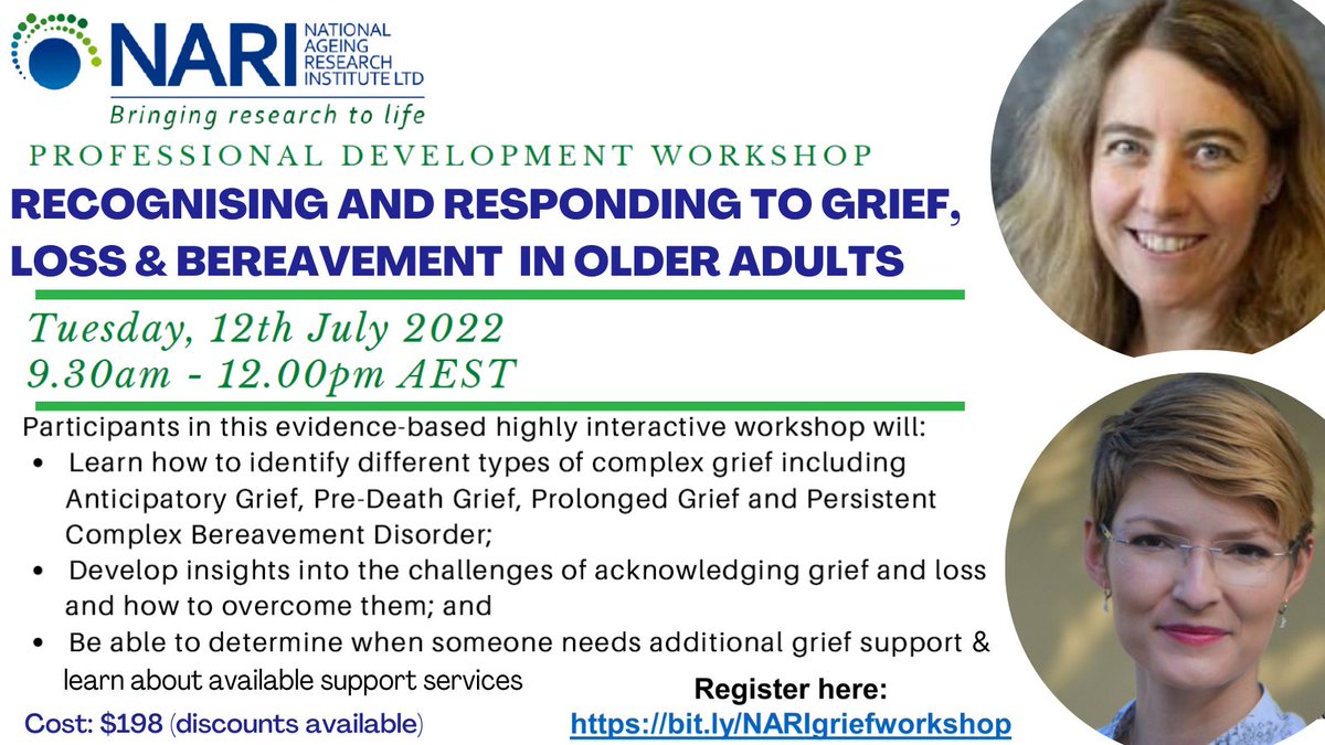 Last chance to register for our interactive, online workshop on #grief in older adults. If you care for or work with older people, this one is for you! nari.net.au/Event/professi…
@k1rstenmoore <a href="/DrKatrinGerber/">Katrin Gerber</a> <a href="/NAgeingRI/">NARI</a> #Mentalhealth #bereavement #ageing #agedcare #olderpeople