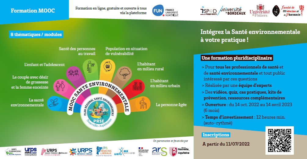 URPSCDNA's tweet image. "Intégrez la santé environnementale à votre pratique !"
L'URPS Chirurgiens-dentistes Nouvelle-Aquitaine est partenaire d'un nouveau MOOC Santé Environnementale... 
Inscriptions à partir du 11 juillet 2022, début des cours le 14 octobre 2022
En savoir + : urps-chirurgiensdentistes-na.fr/mooc-sante-env…
