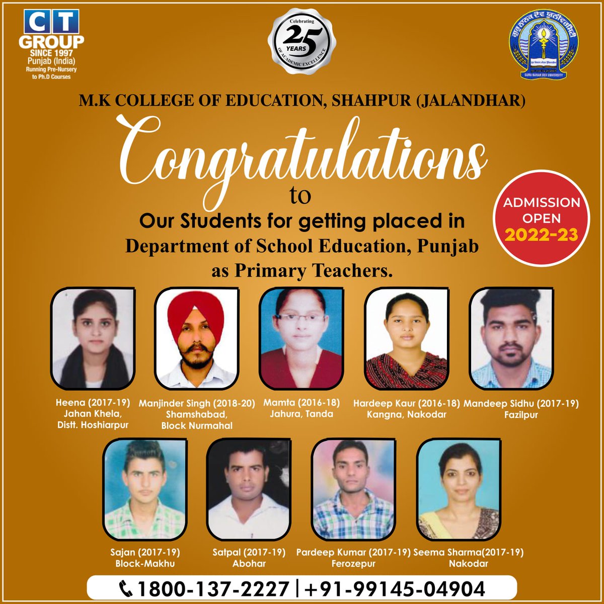MK College of Education, Shahpur, congratulates its students for getting placed in the Department of School Education, Punjab as Primary Teachers.

#CTG #ctgroupofinstitutions #BestCollegeinJalandhar #punjabtopinstitute #punjabeducation #placement