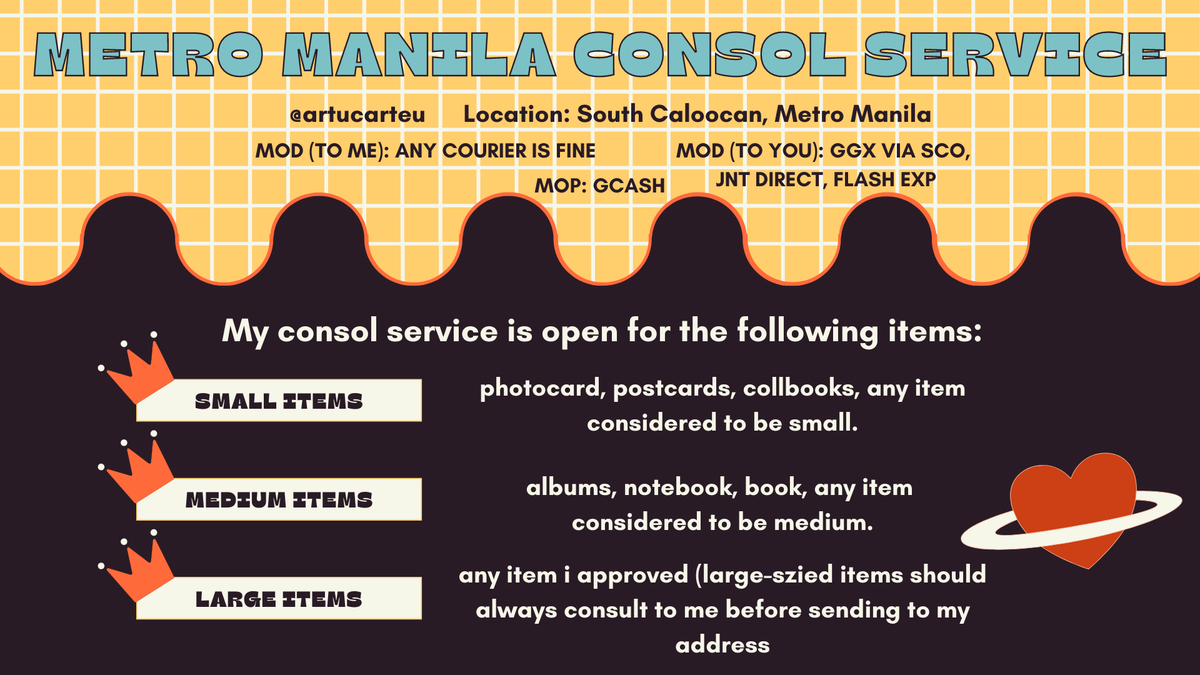 artucarteu's tweet photo. ꒰ 📦 ꒱ ˖♡ — #consolarts

hi! im now open for consol service ^^

   𓂋 3 slots avail 
   𓂋 open to all fandoms
   𓂋 accepting all items
   𓂋 check photos for more info
   𓂋 dm me to inquire !

🏷️: lf wts lfb metro manila ph consol service bns consolidation https://t.co/lwYeiacZyv
