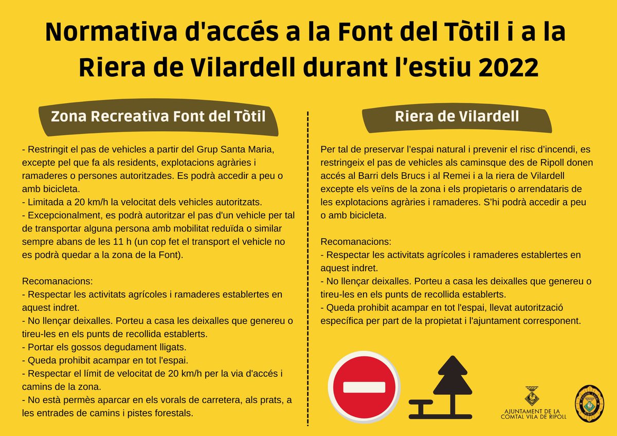 Ajuntament de Ripoll (@aj_ripoll) on Twitter photo ⛔️ Normativa d’accés especial a la Zona recreativa de la Font del Tòtil i a la Riera de Vilardell durant l’estiu del 2022. 
🌳 Ajudeu-nos a preservar els espais naturals de #Ripoll. 
🔗 Tots els detalls al cartell informatiu i aquí: ripoll.cat/acces-a-la-fon… ⛔️ Normativa d’accés especial a la Zona recreativa de la Font del Tòtil i a la Riera de Vilardell durant l’estiu del 2022. 
🌳 Ajudeu-nos a preservar els espais naturals de #Ripoll. 
🔗 Tots els detalls al cartell informatiu i aquí: ripoll.cat/acces-a-la-fon…
