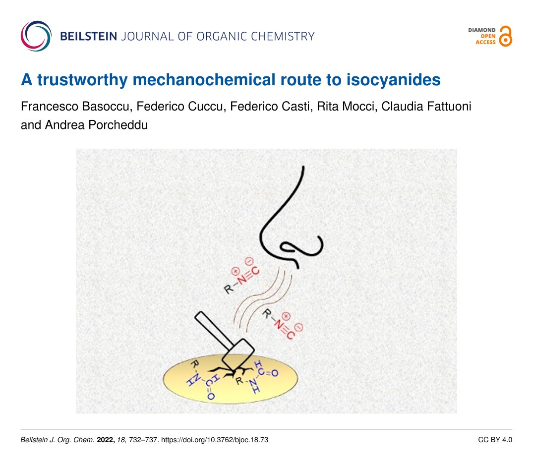 Andrea Porcheddu <a href="/Porcheddu_UNICA/">AndreaPorcheddu</a> et al. <a href="/univca/">Università degli Studi di Cagliari</a> 🇮🇹 provide an innovative synthetic protocol for #mechanochemical #isocyanide preparation.

#greenchemistry #mechanochemistry #isonitriles

🔗 beilstein-journals.org/bjoc/articles/…

@FedericoCuccu <a href="/rita_mocci/">Rita Mocci</a>

#DiamondOpenAccess 💎🔓 in the #BJOC