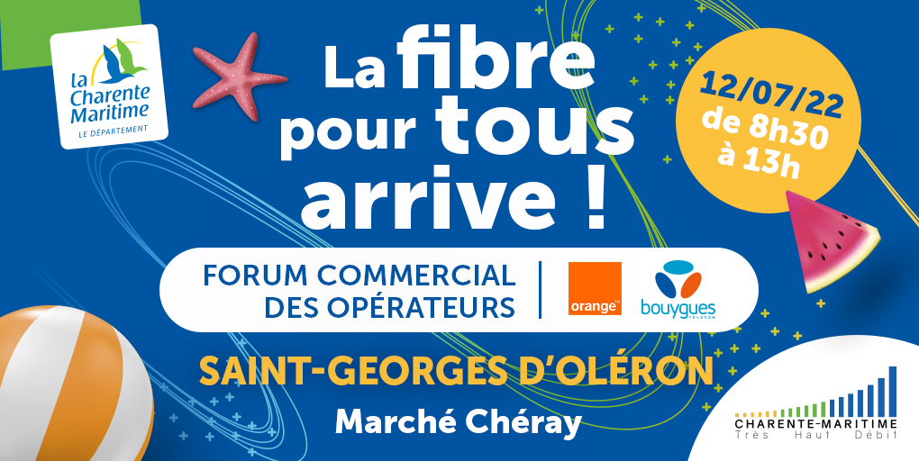 Venez nous retrouver demain à Saint-Georges-d'Oléron, sur le marché de Chéray, de 8h30 à 13h, pour tout connaître de la #fibre et de votre éligibilité. L'opérateur <a href="/OrangeNvAquit/">Orange Nouvelle Aquitaine</a> nous accompagnera. 
<a href="/SO_LaRochelle/">SO_LaRochelle</a>